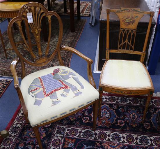 An Edwardian inlaid mahogany elbow chair and a painted satinwood occasional chair